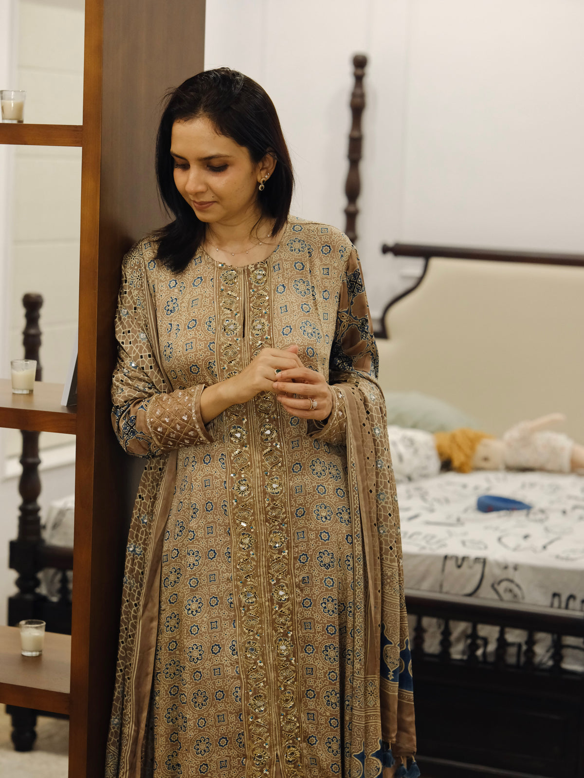 Ajrakh hand dyed hand block printed modal silk panel cut salwar set with cut bead handwork