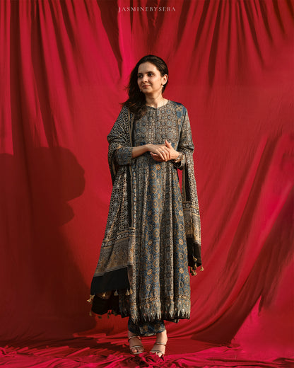 Ajrakh hand dyed hand block printed modal silk panel cut anarkali set with cut bead handwork
