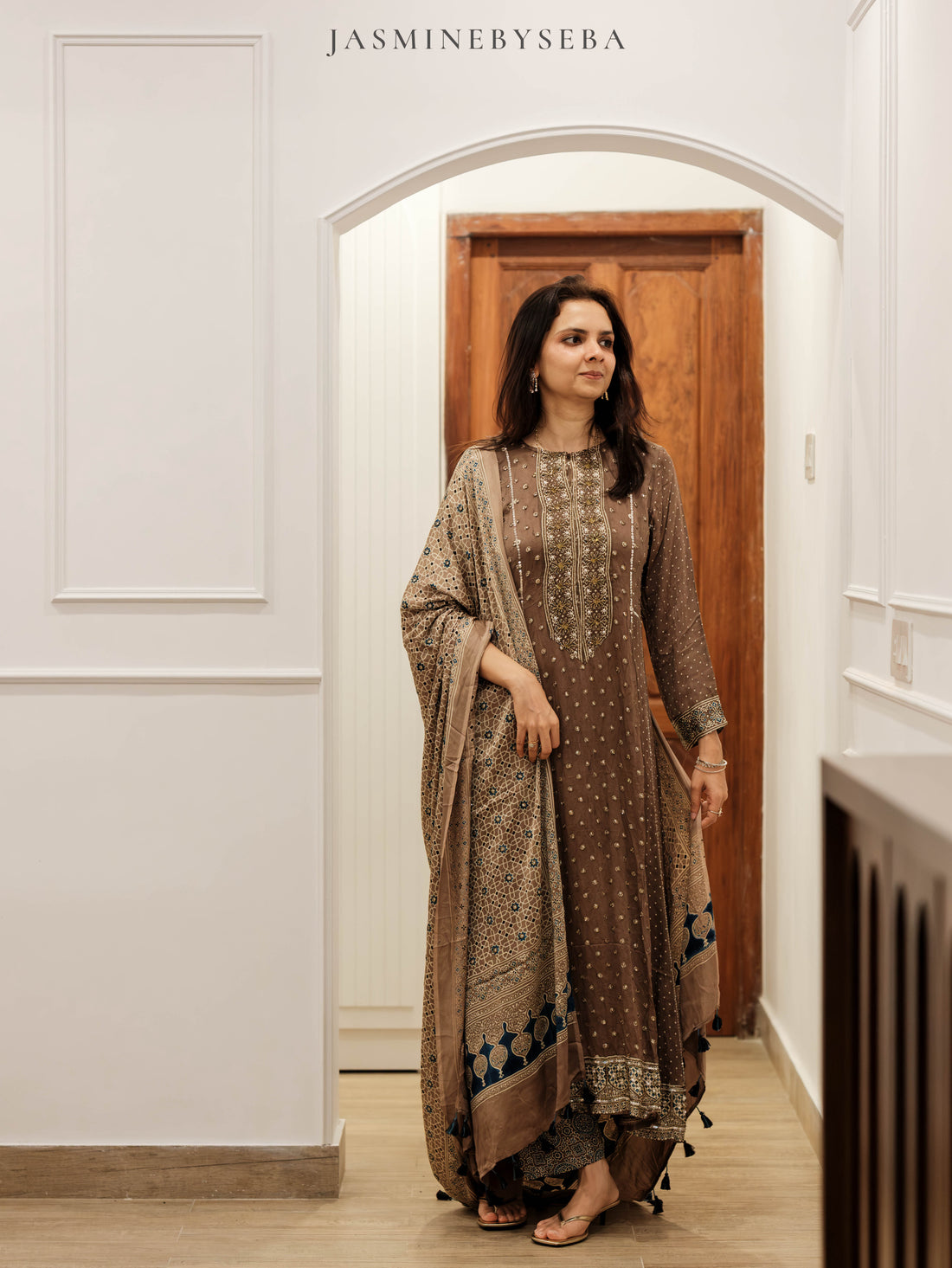 Ajrakh hand dyed hand block printed modal silk panel cut salwar set with cut bead handwork