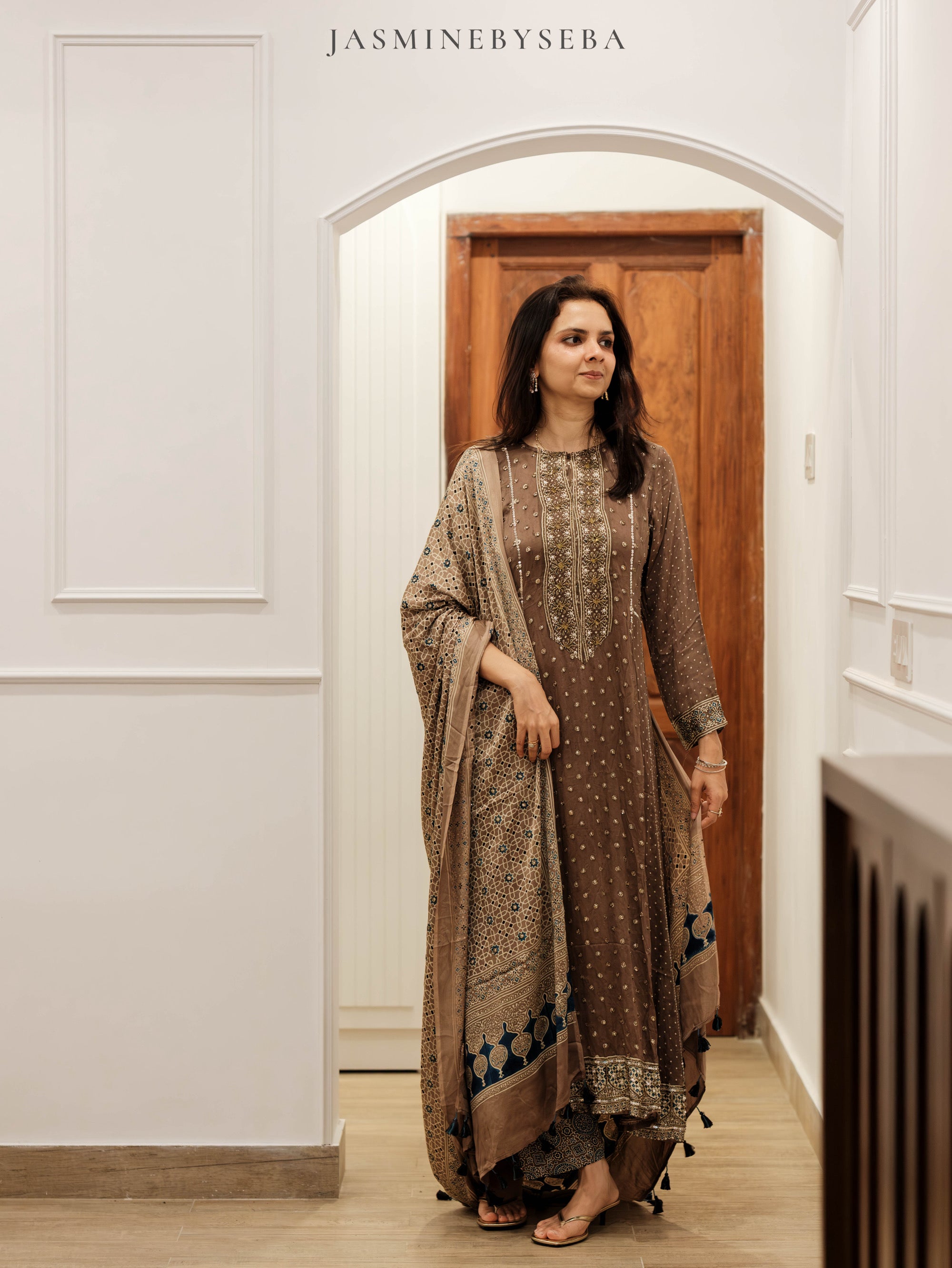 Ajrakh hand dyed hand block printed modal silk panel cut salwar set with cut bead handwork