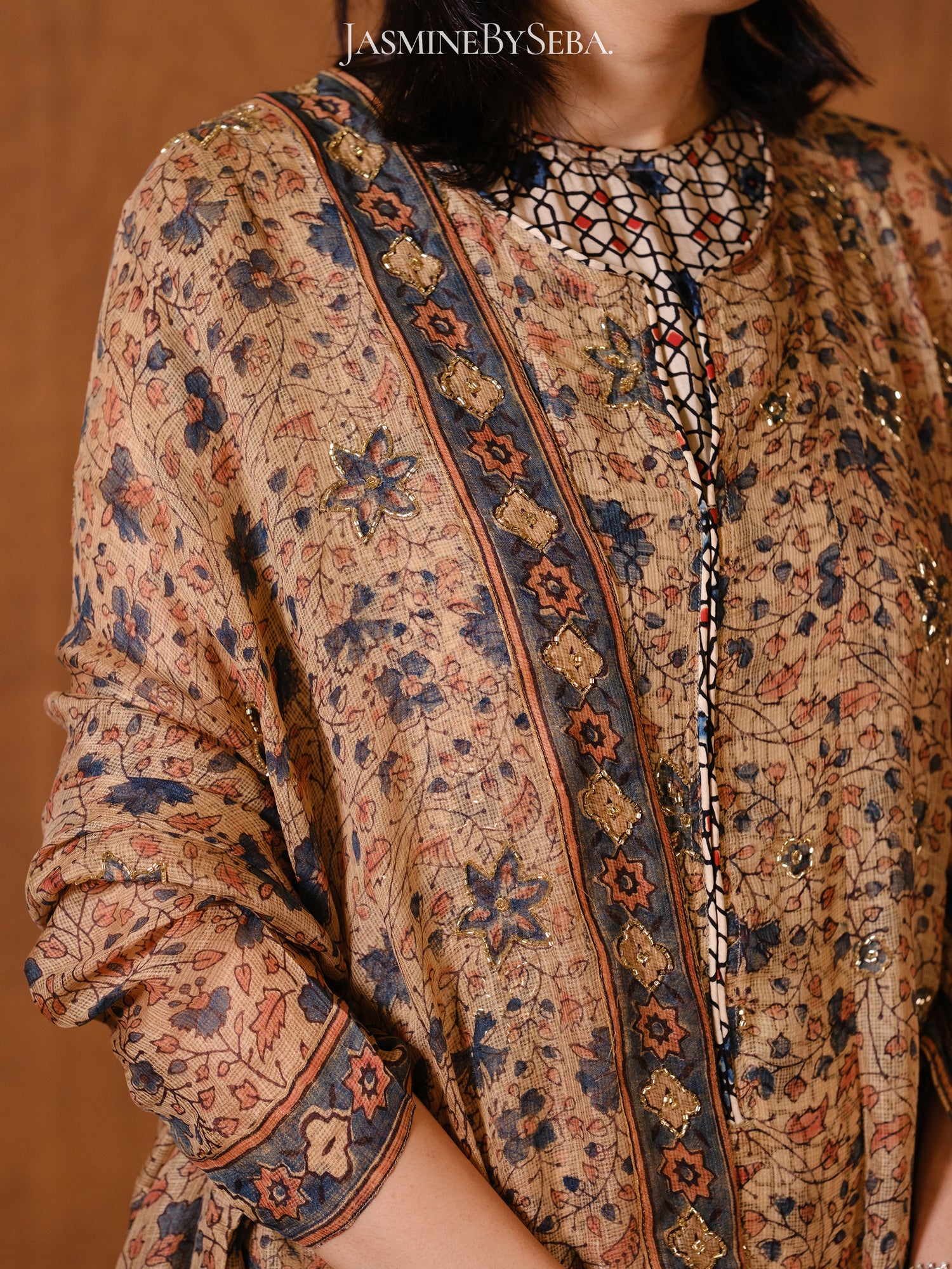 Ajrakh hand dyed hand block printed kota silk jacket set with cut bead handwork
