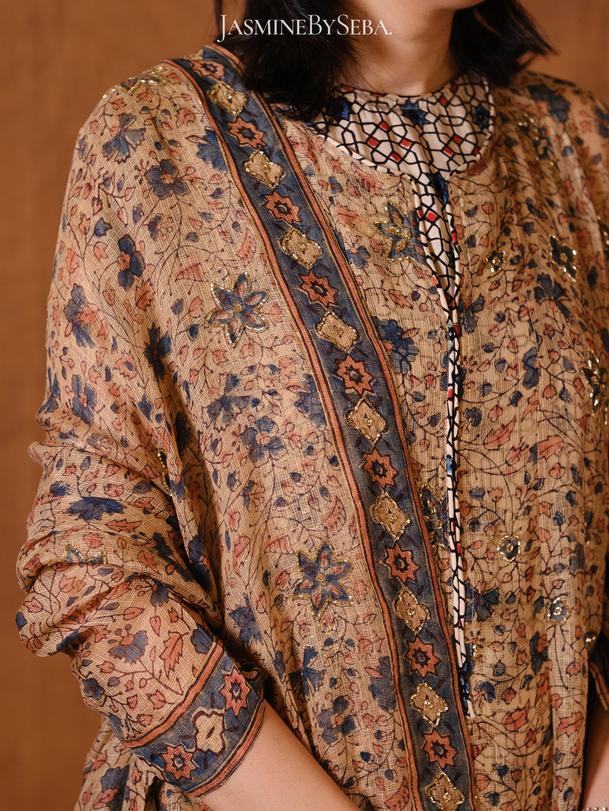 Ajrakh hand dyed hand block printed kota silk jacket set with cut bead handwork