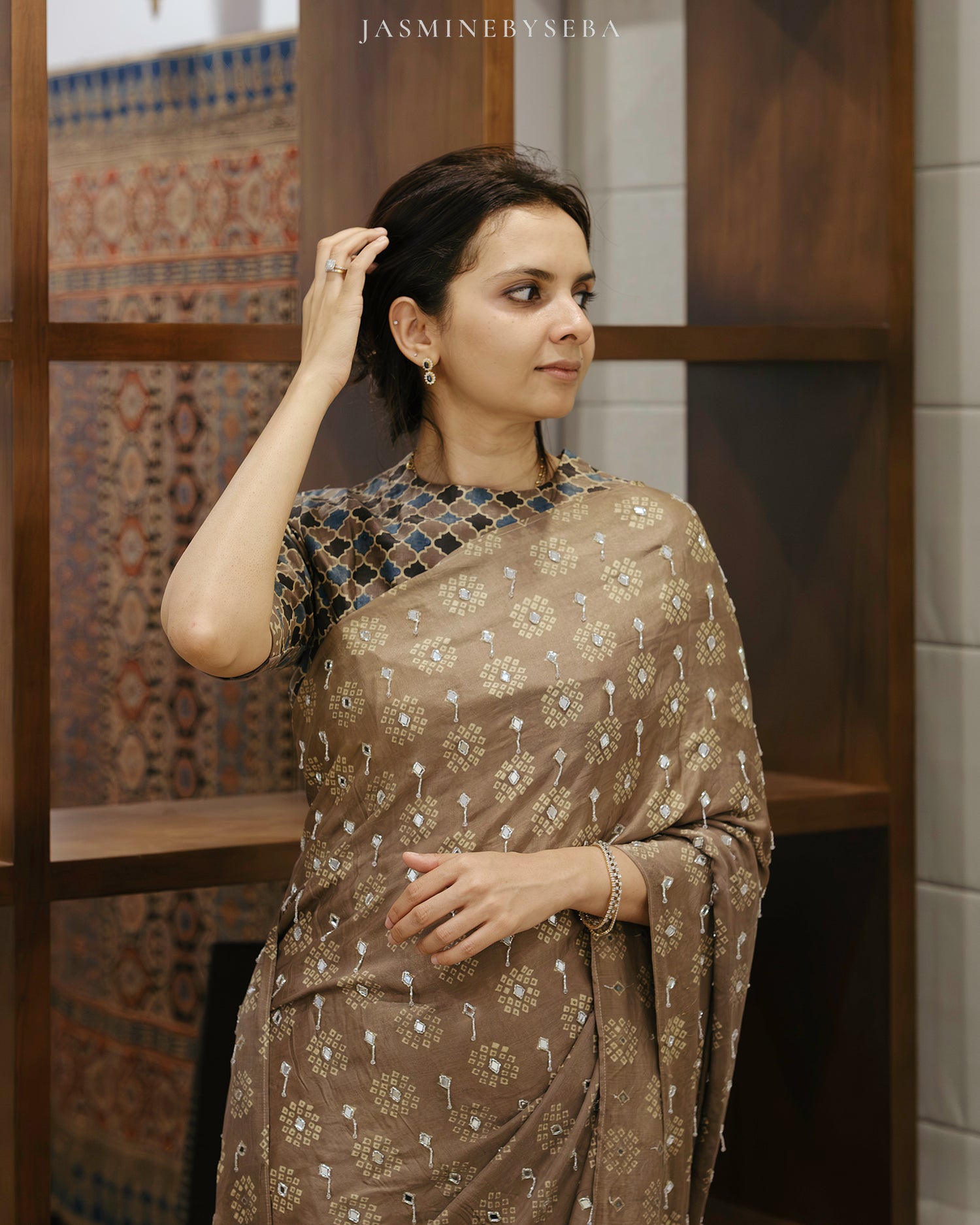 Ajrakh pure handloom gajji silk hand dyed, hand block printed and handworked saree