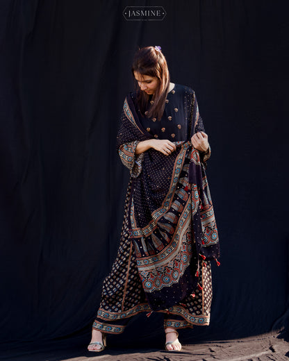 Ajrakh hand block printed modal silk A line salwar set with zardosi handwork