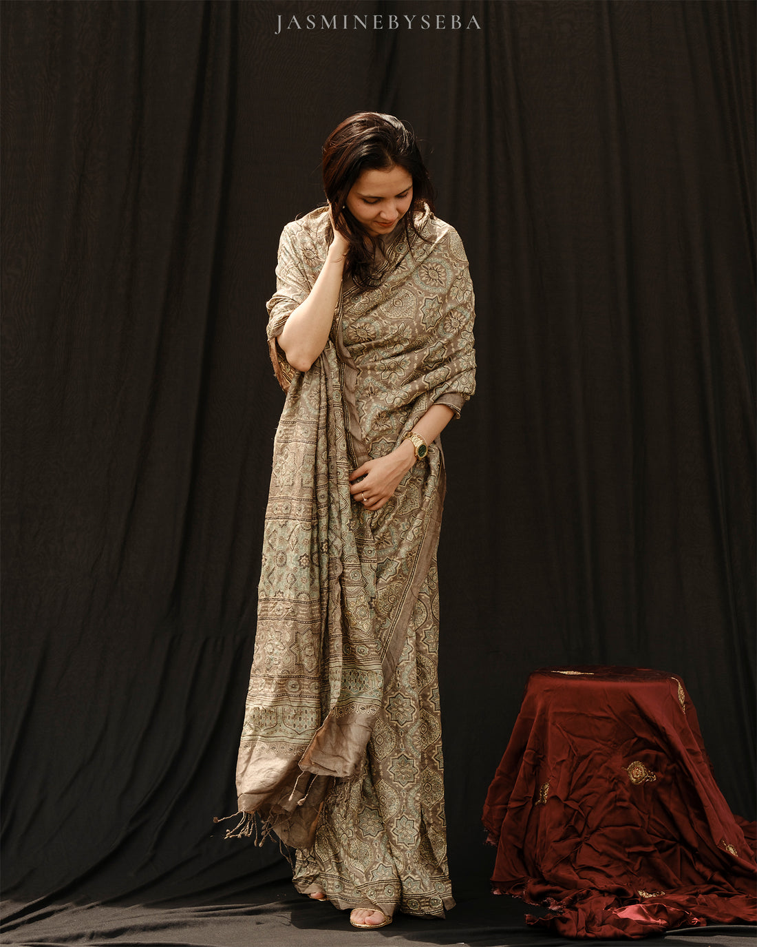 Ajrakh tussar silk hand dyed, hand block printed and handworked saree