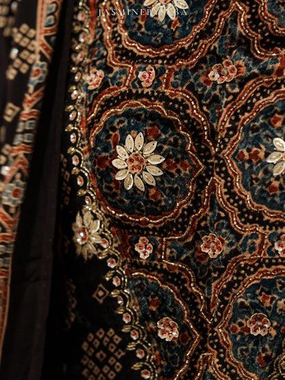 Ajrakh hand dyed hand block printed velvet silk panel cut salwar set with hand embroidry