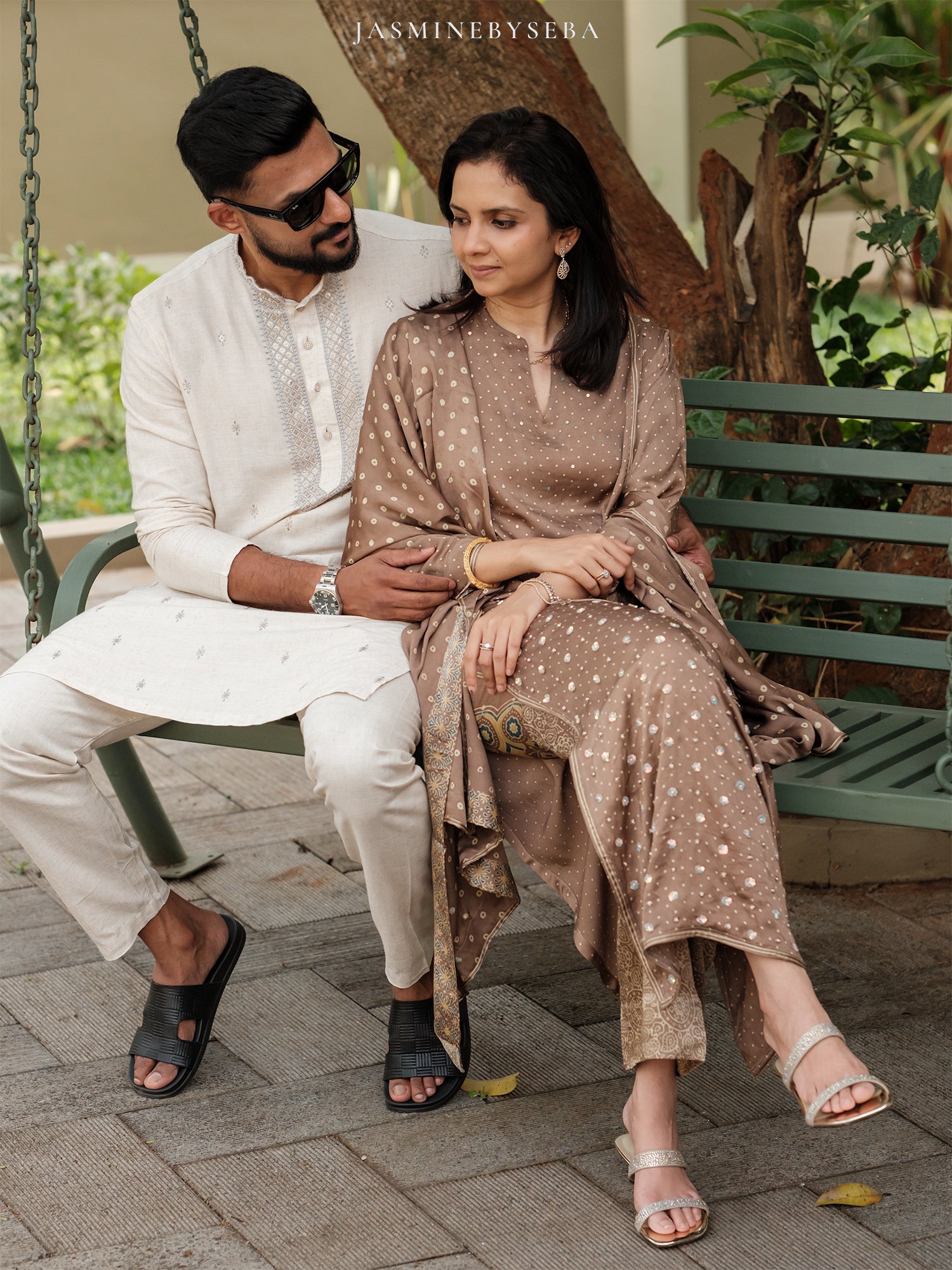 Ajrakh hand dyed hand block printed modal silk panel cut salwar set with cut bead handwork