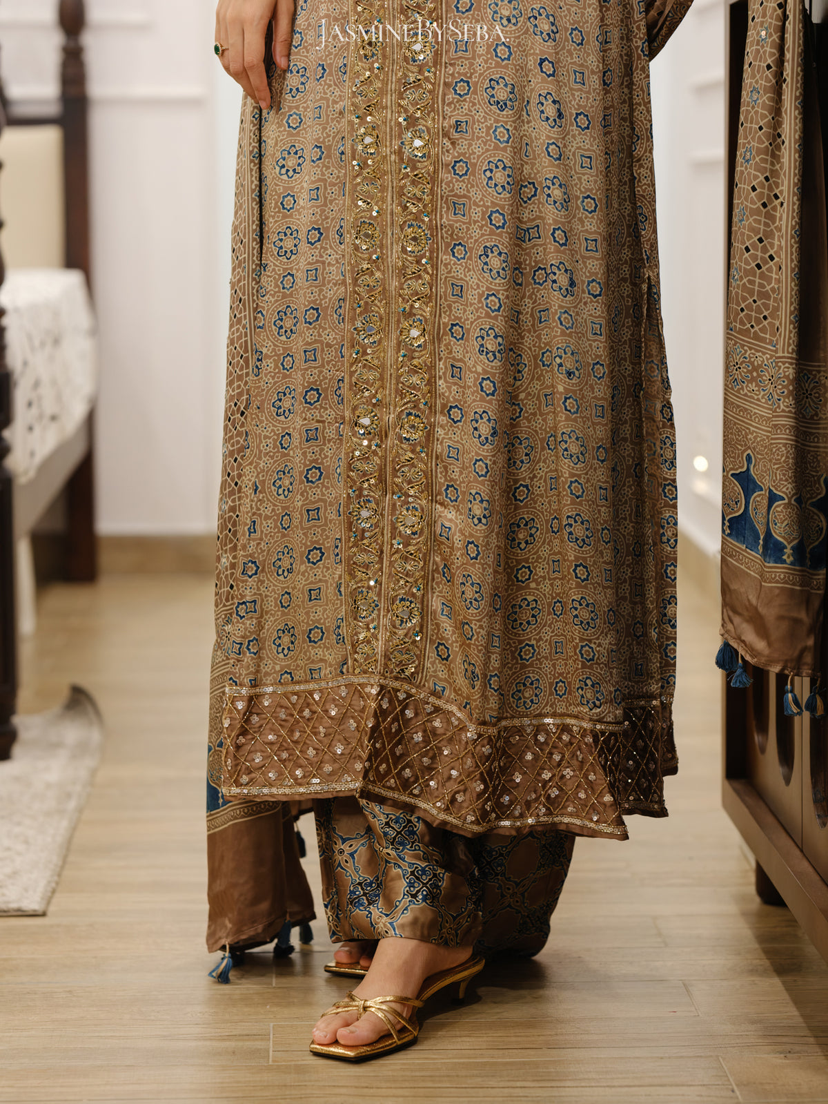 Ajrakh hand dyed hand block printed modal silk panel cut salwar set with cut bead handwork