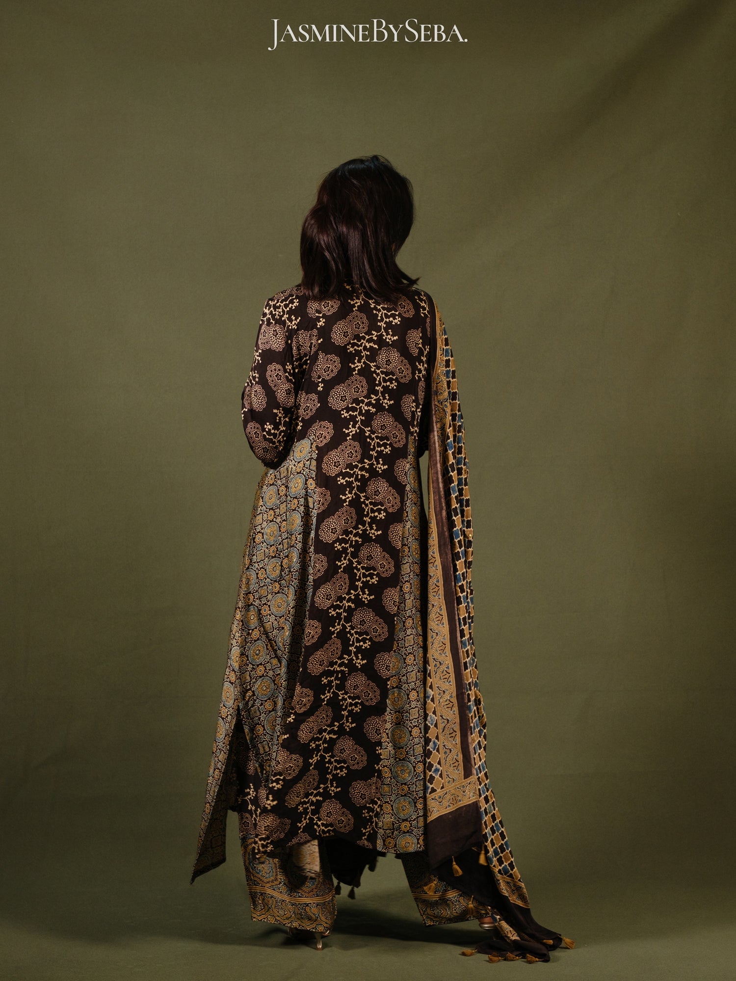 Ajrakh hand dyed hand block printed modal silk panel cut salwar set with cut bead handwork