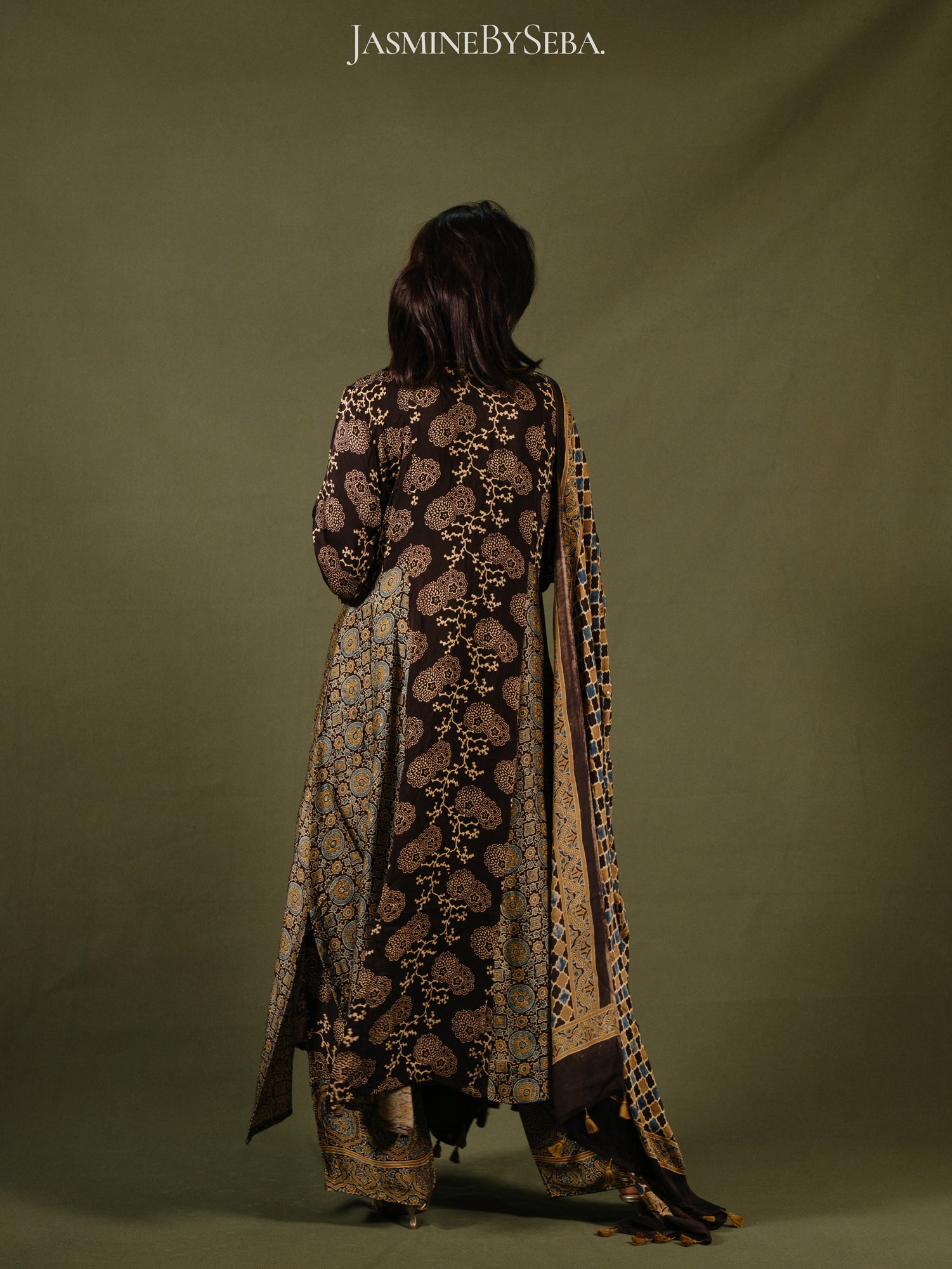 Ajrakh hand dyed hand block printed modal silk panel cut salwar set with cut bead handwork