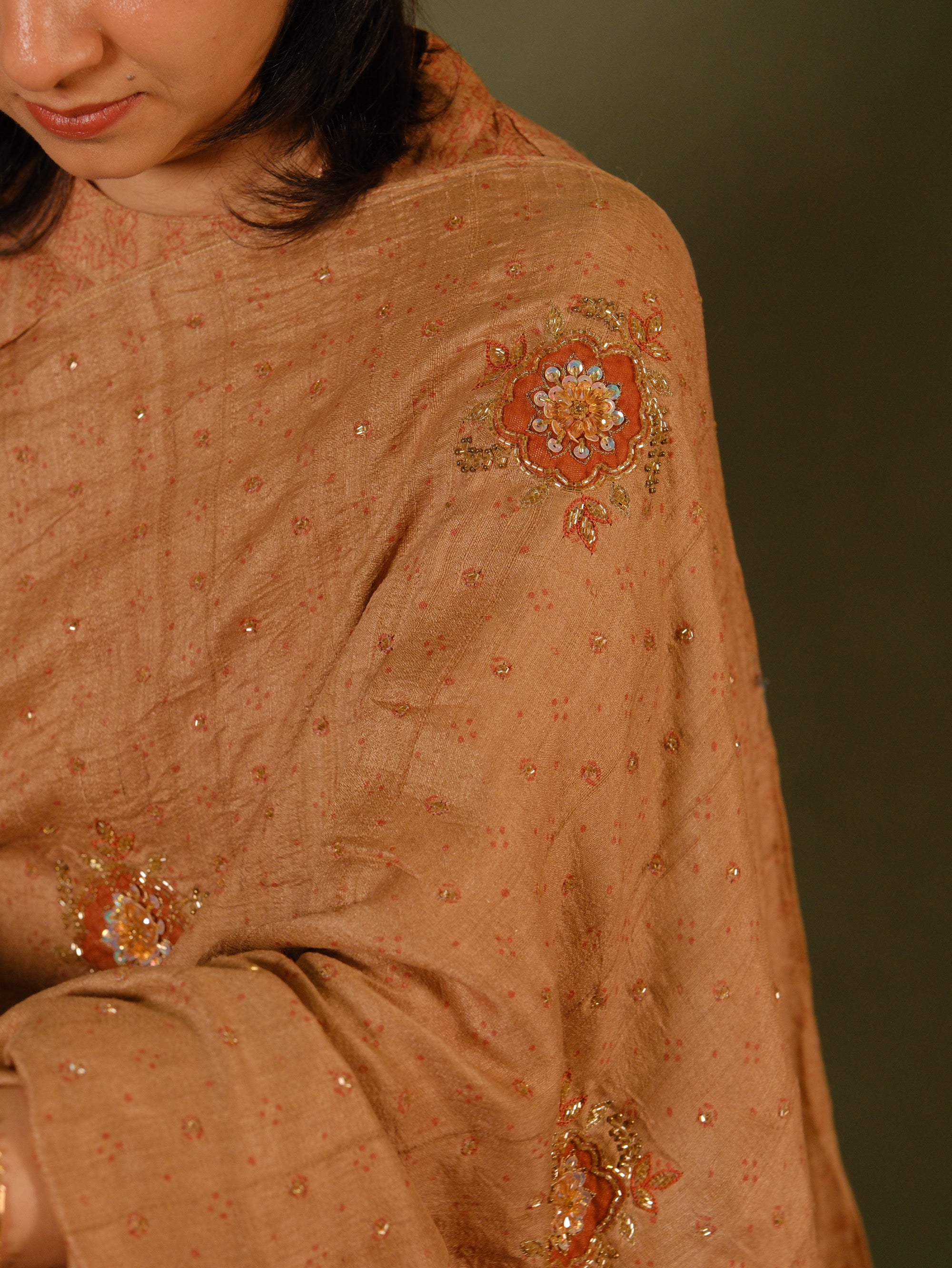 Ajrakh pure handloom tussar silk hand dyed, hand block printed and handworked saree
