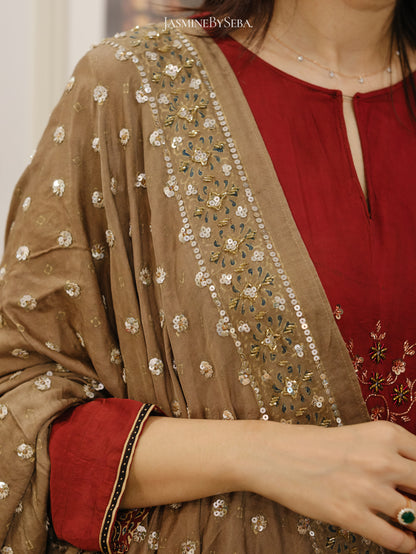 Ajrakh hand dyed hand block printed modal silk panel cut salwar set with cut bead handwork