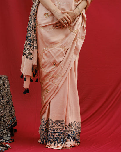 Ajrakh modal silk hand dyed, hand block printed and handworked saree