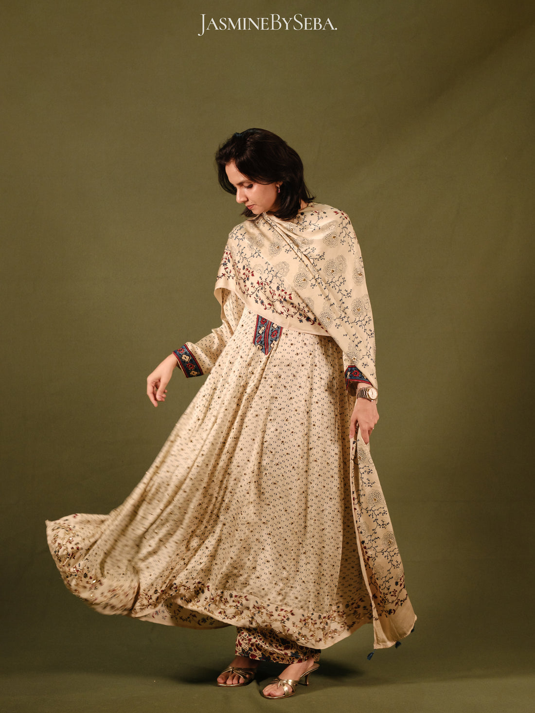 Ajrakh hand dyed hand block printed modal silk panel cut masakali set with cut bead handwork
