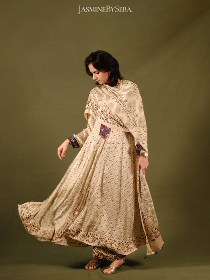 Ajrakh hand dyed hand block printed modal silk panel cut masakali set with cut bead handwork