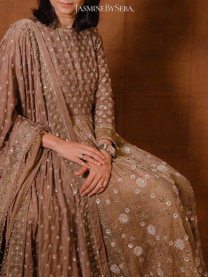 Custom made Ajrakh handcrafted handloom Tusshar silk bridal anarkali set with pure handloom gajji silk dupatta detailed out with hand embroidry