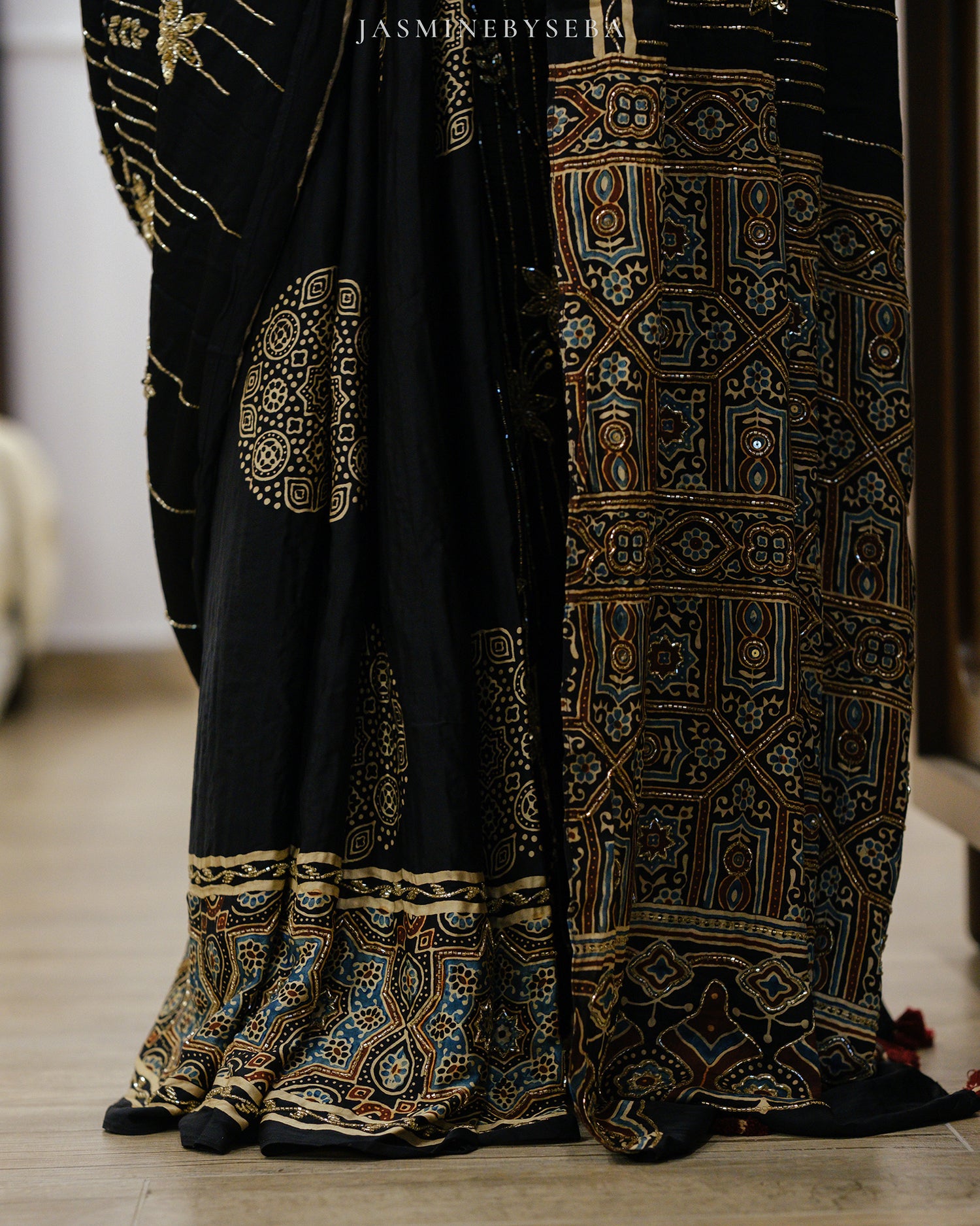 Ajrakh pure modal silk hand dyed, hand block printed and handworked saree