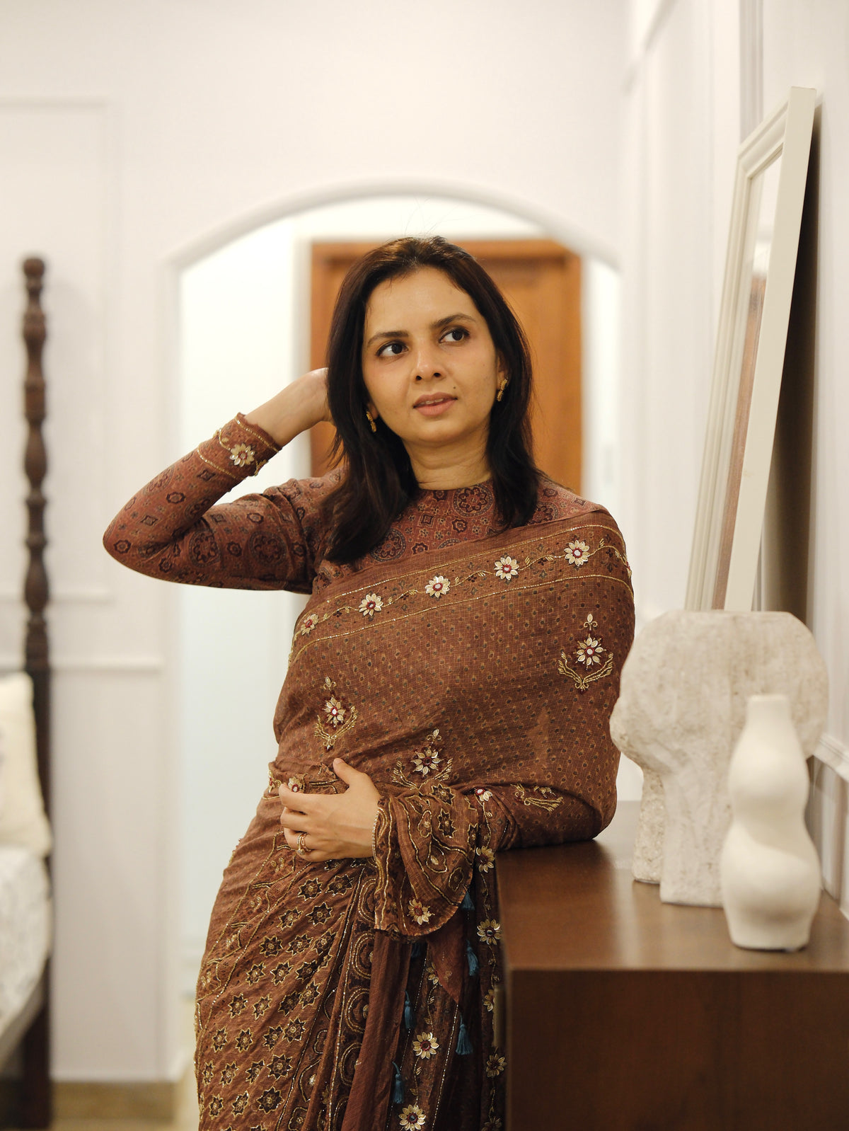 Ajrakh pure kota silk hand dyed, hand block printed and handworked saree