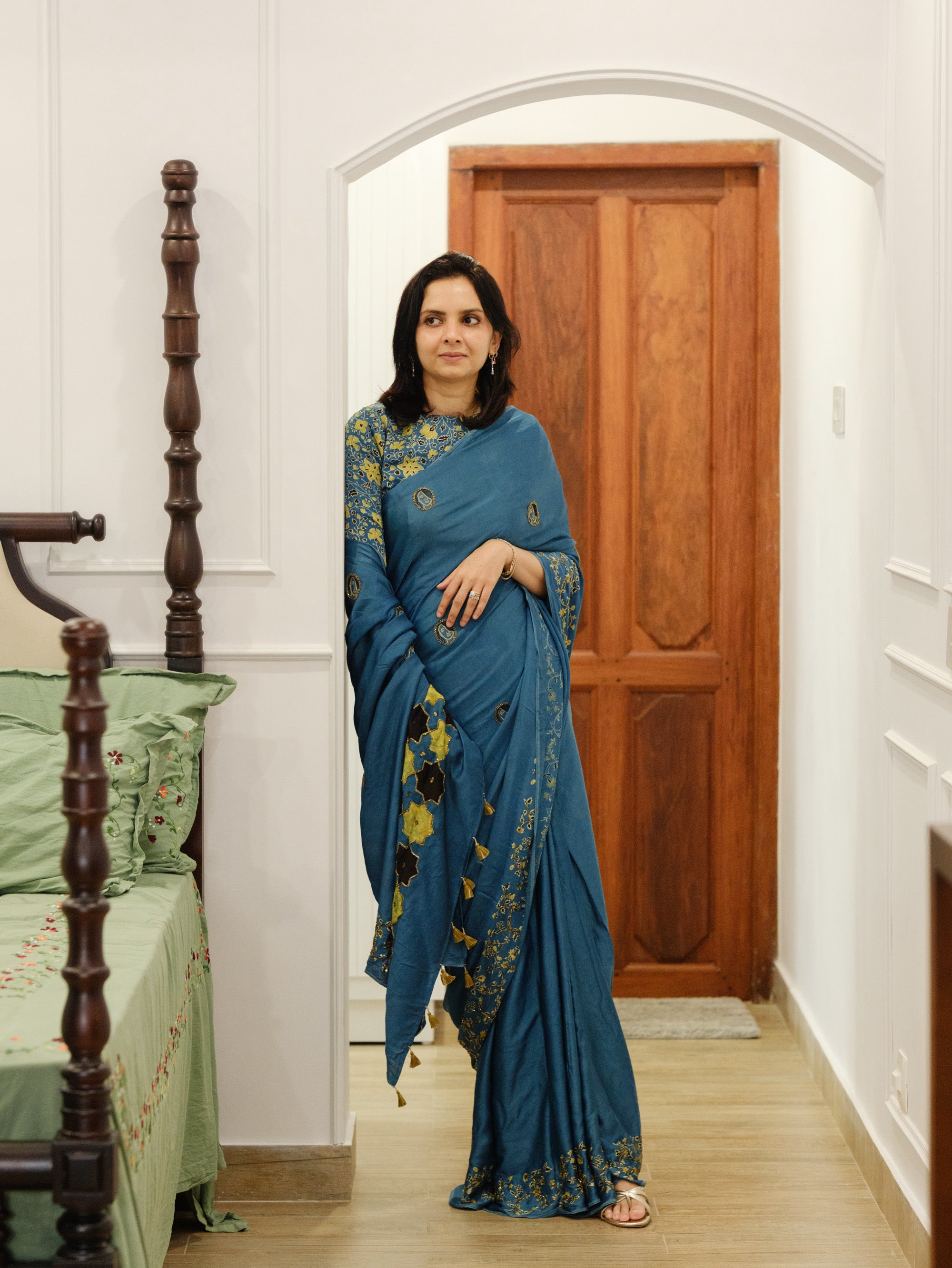 Ajrakh pure modal silk hand dyed, hand block printed and handworked saree