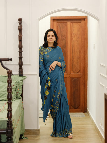 Ajrakh pure modal silk hand dyed, hand block printed and handworked saree