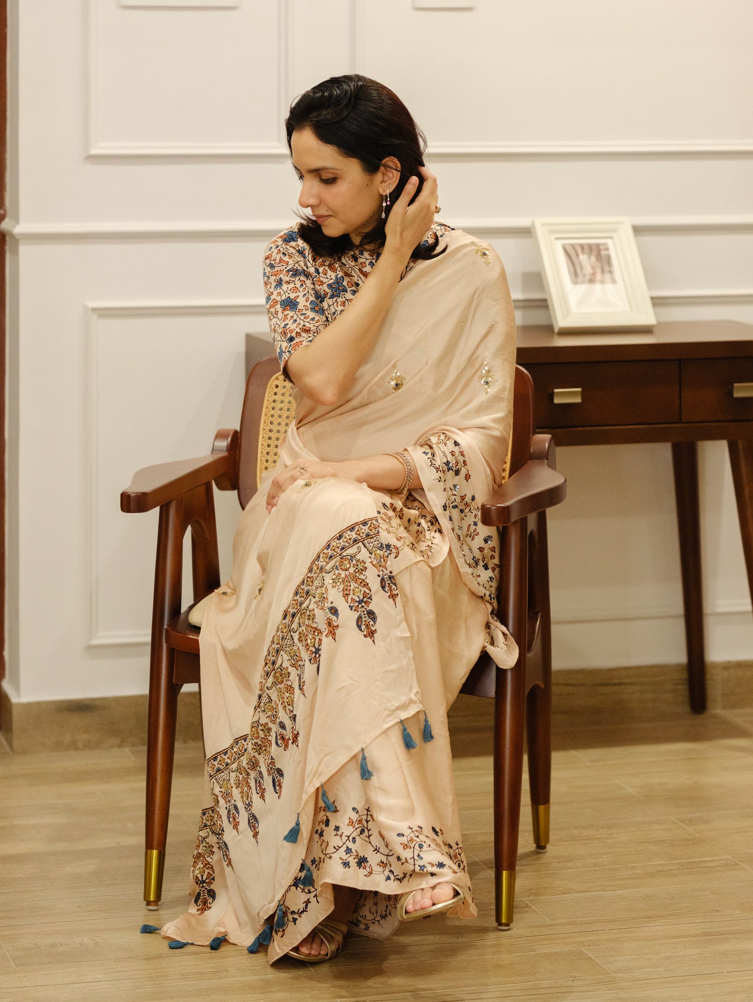 Ajrakh pure modal silk hand dyed, hand block printed and handworked saree