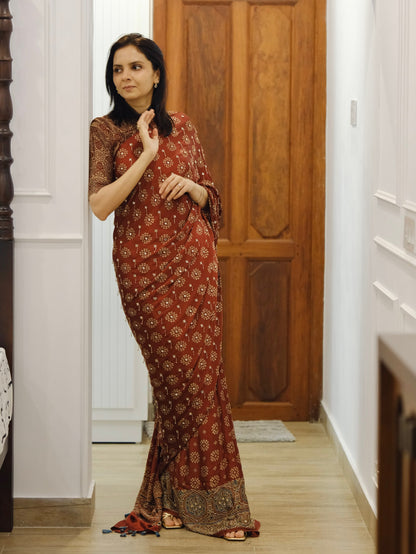 Ajrakh pure modal silk hand dyed, hand block printed and handworked saree