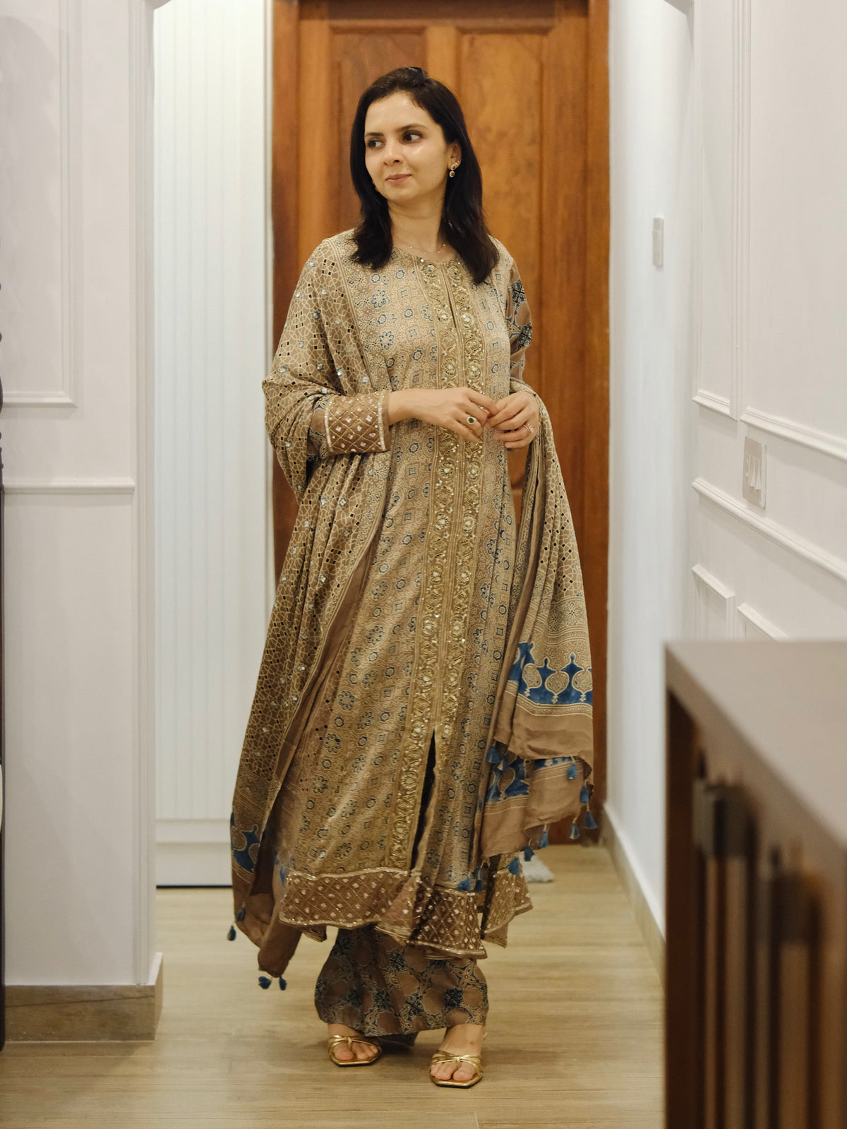 Ajrakh hand dyed hand block printed modal silk panel cut salwar set with cut bead handwork