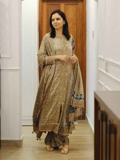 Ajrakh hand dyed hand block printed modal silk panel cut salwar set with cut bead handwork