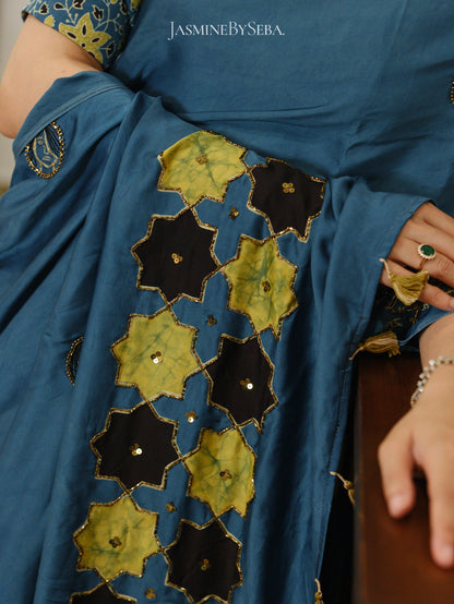 Bespoke ‘Jasmine’ hand printed Ajrakh pure modal silk hand dyed, hand block printed and handworked saree