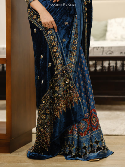 Ajrakh pure velvet silk hand dyed, hand block printed and handworked saree