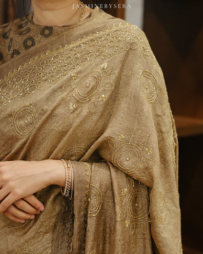 Ajrakh pure handloom tussar silk hand dyed, hand block printed and handworked saree