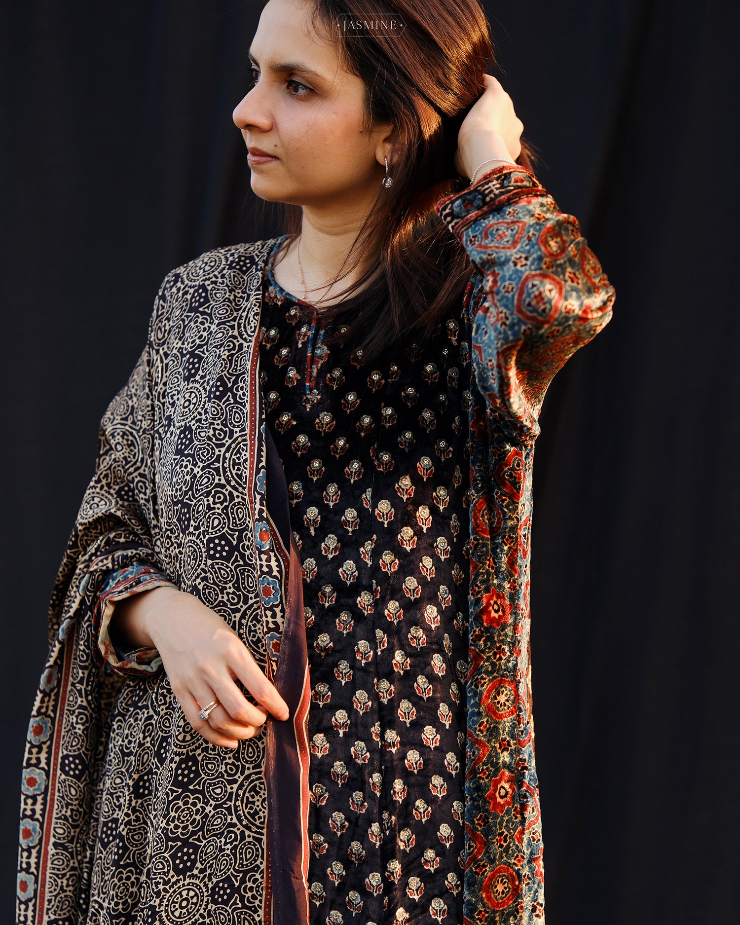 Ajrakh hand block printed velvet silk  panel line salwar set with cutbead handwork