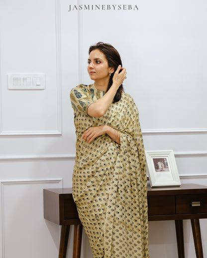 Ajrakh pure handloom gajji silk hand dyed, hand block printed and handworked saree