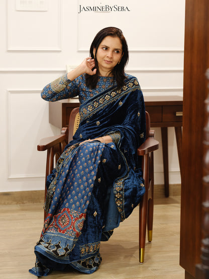 Ajrakh pure velvet silk hand dyed, hand block printed and handworked saree