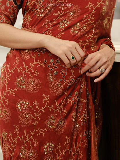 Ajrakh bridal pure handloom gajji silk hand dyed, hand block printed and handworked saree