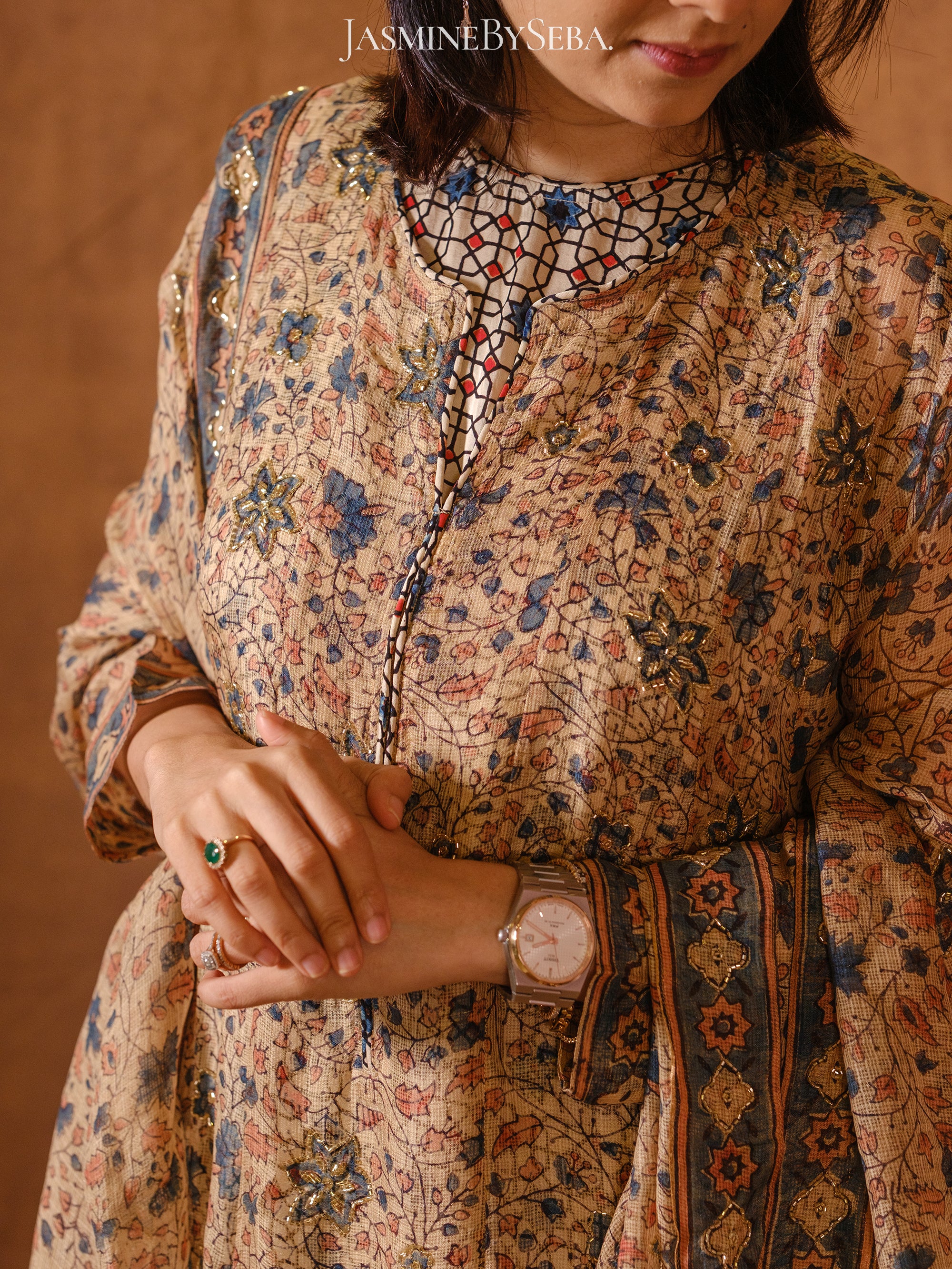 Ajrakh hand dyed hand block printed kota silk jacket set with cut bead handwork