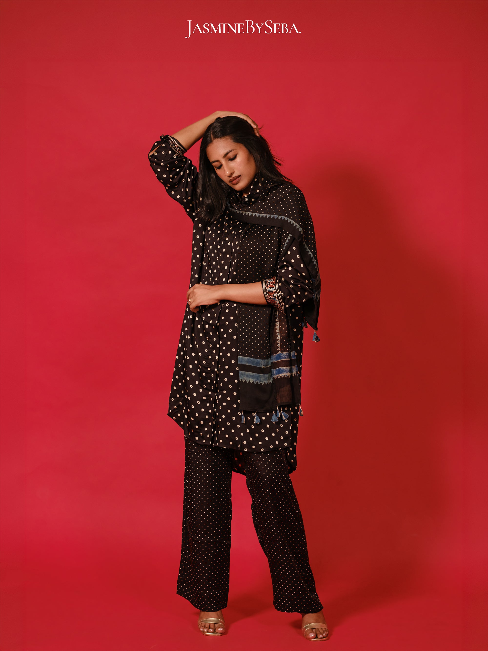 Ajrakh hand dyed hand block printed modal silk coord set