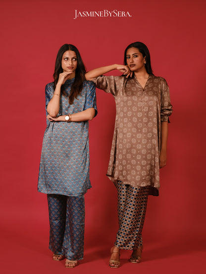 Ajrakh hand dyed hand block printed modal silk coord set