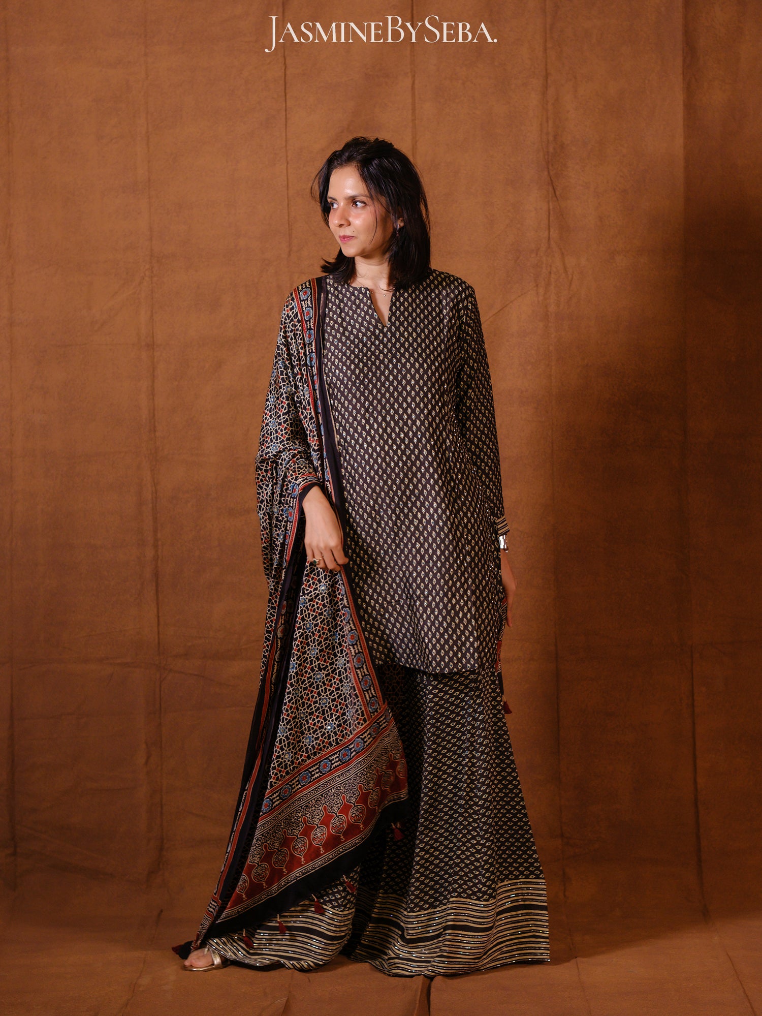 Ajrakh hand dyed hand block printed modal silk sharara set with cut bead handwork