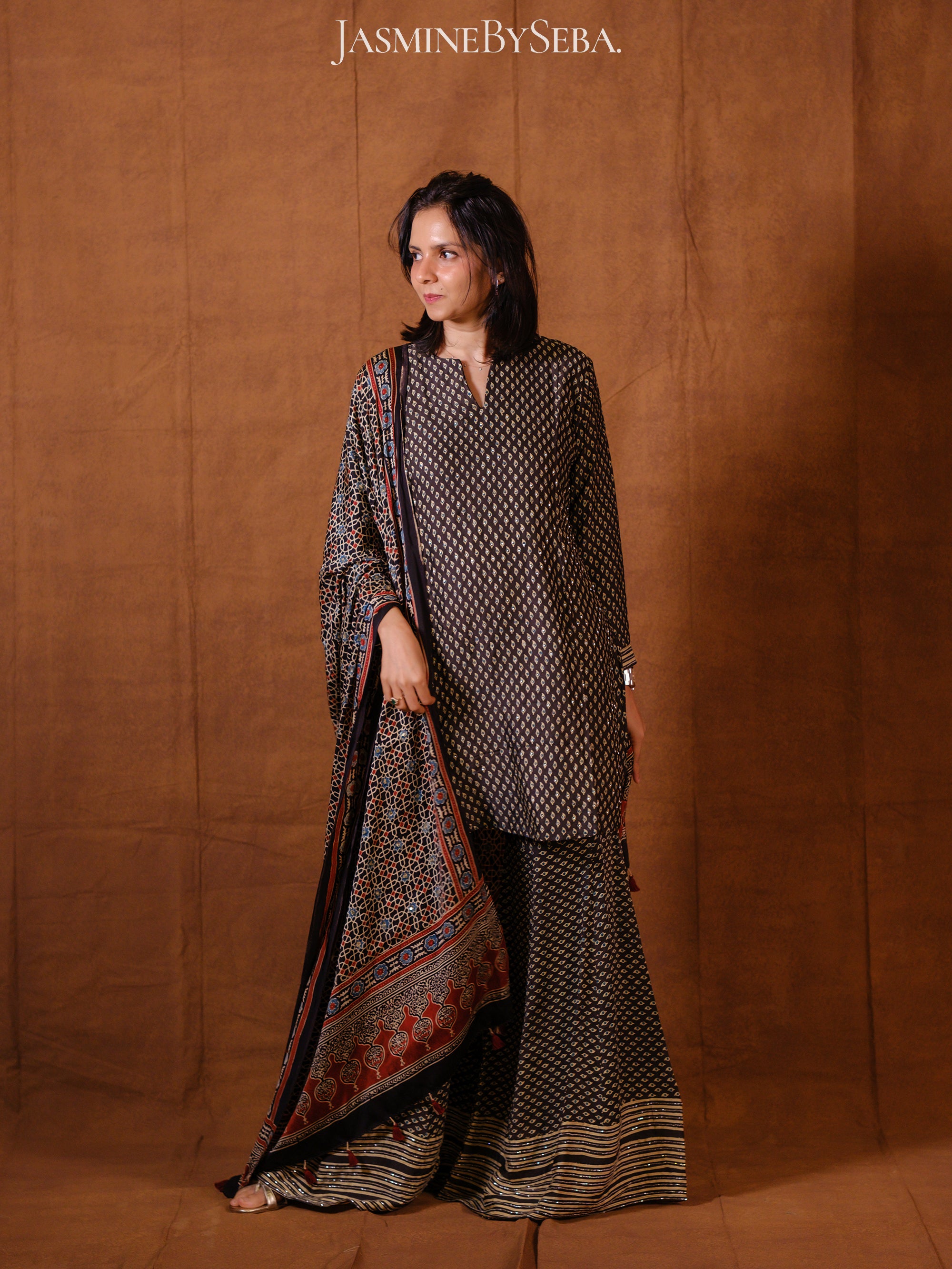 Ajrakh hand dyed hand block printed modal silk sharara set with cut bead handwork