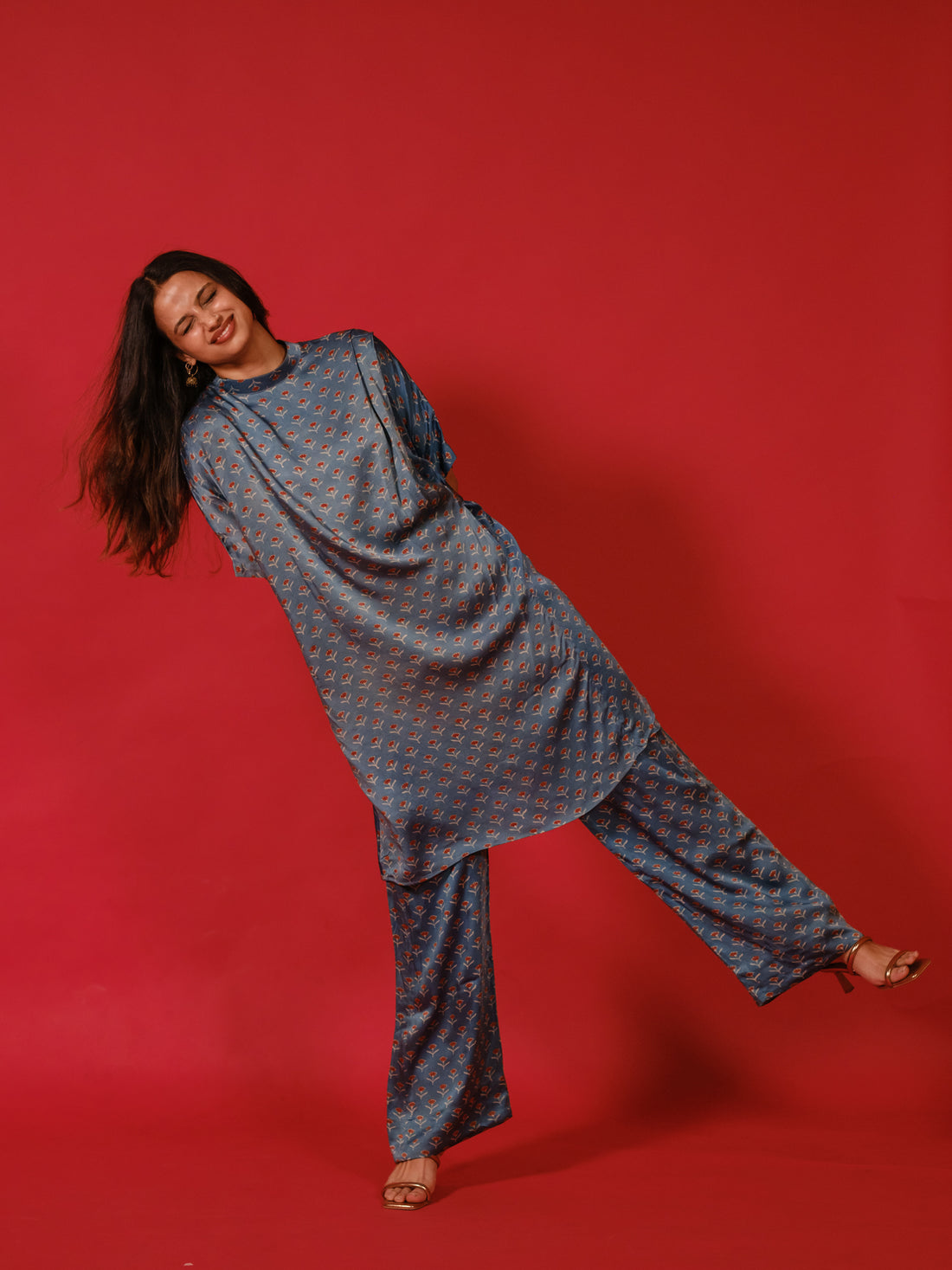 Ajrakh hand dyed hand block printed modal silk coord set