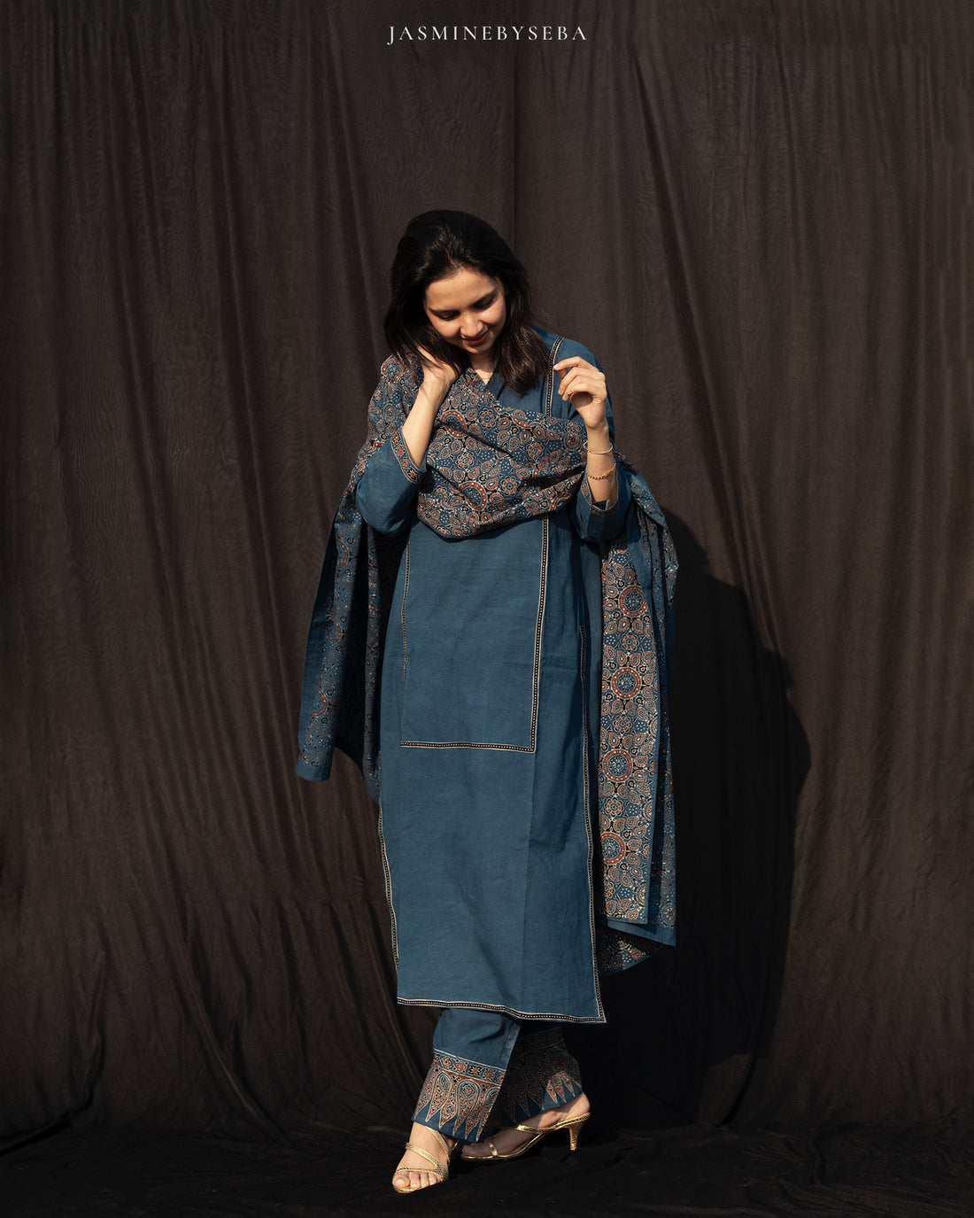 Ajrakh hand dyed and hand block printed premium cotton straight cut salwar set