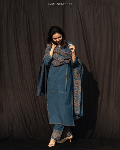 Ajrakh hand dyed and hand block printed premium cotton straight cut salwar set