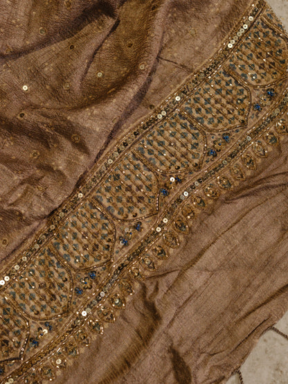 Ajrakh pure handloom tussar silk hand dyed, hand block printed and handembroideredsaree