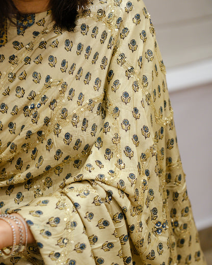 Ajrakh pure handloom gajji silk hand dyed, hand block printed and handworked saree