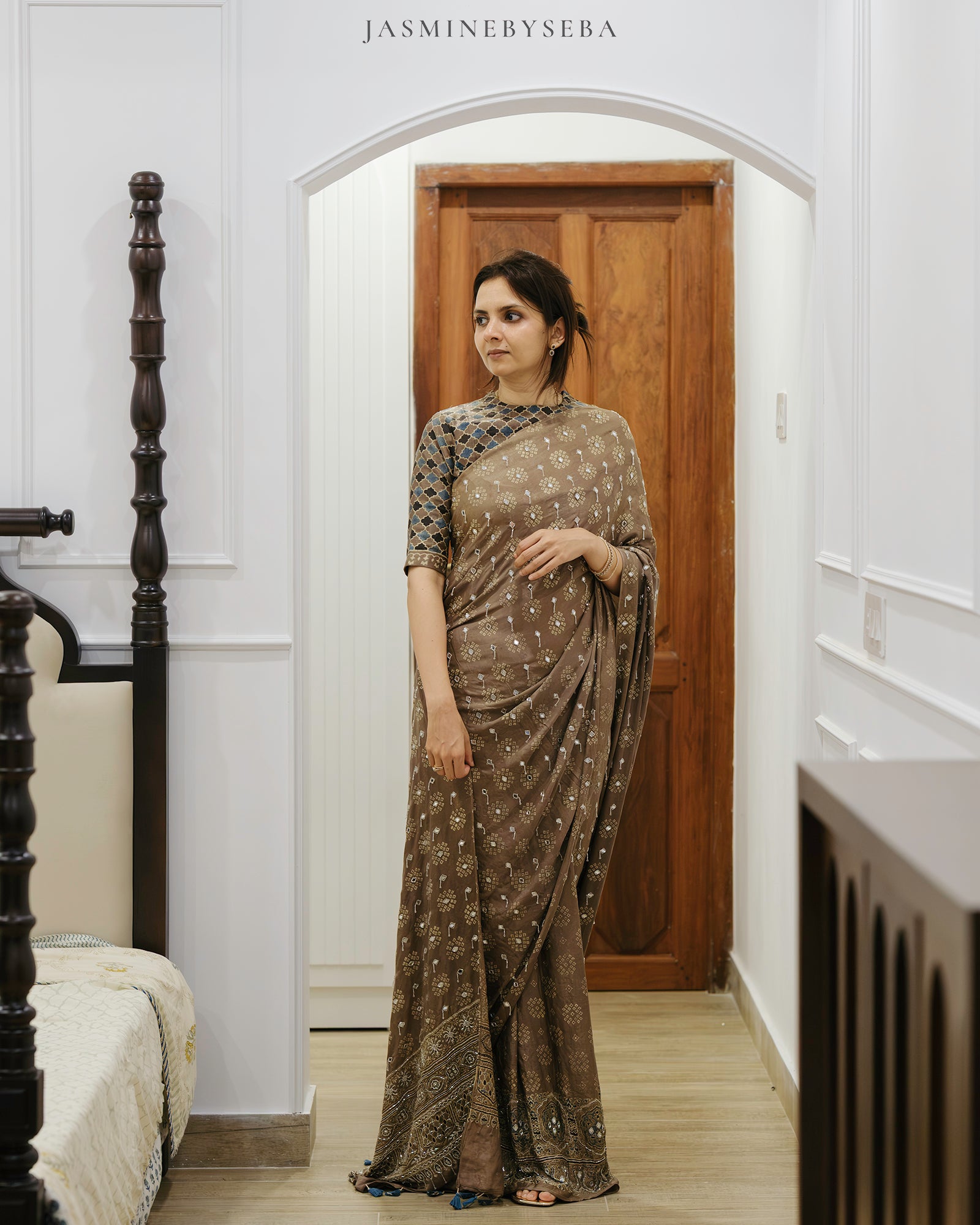 Ajrakh pure handloom gajji silk hand dyed, hand block printed and handworked saree