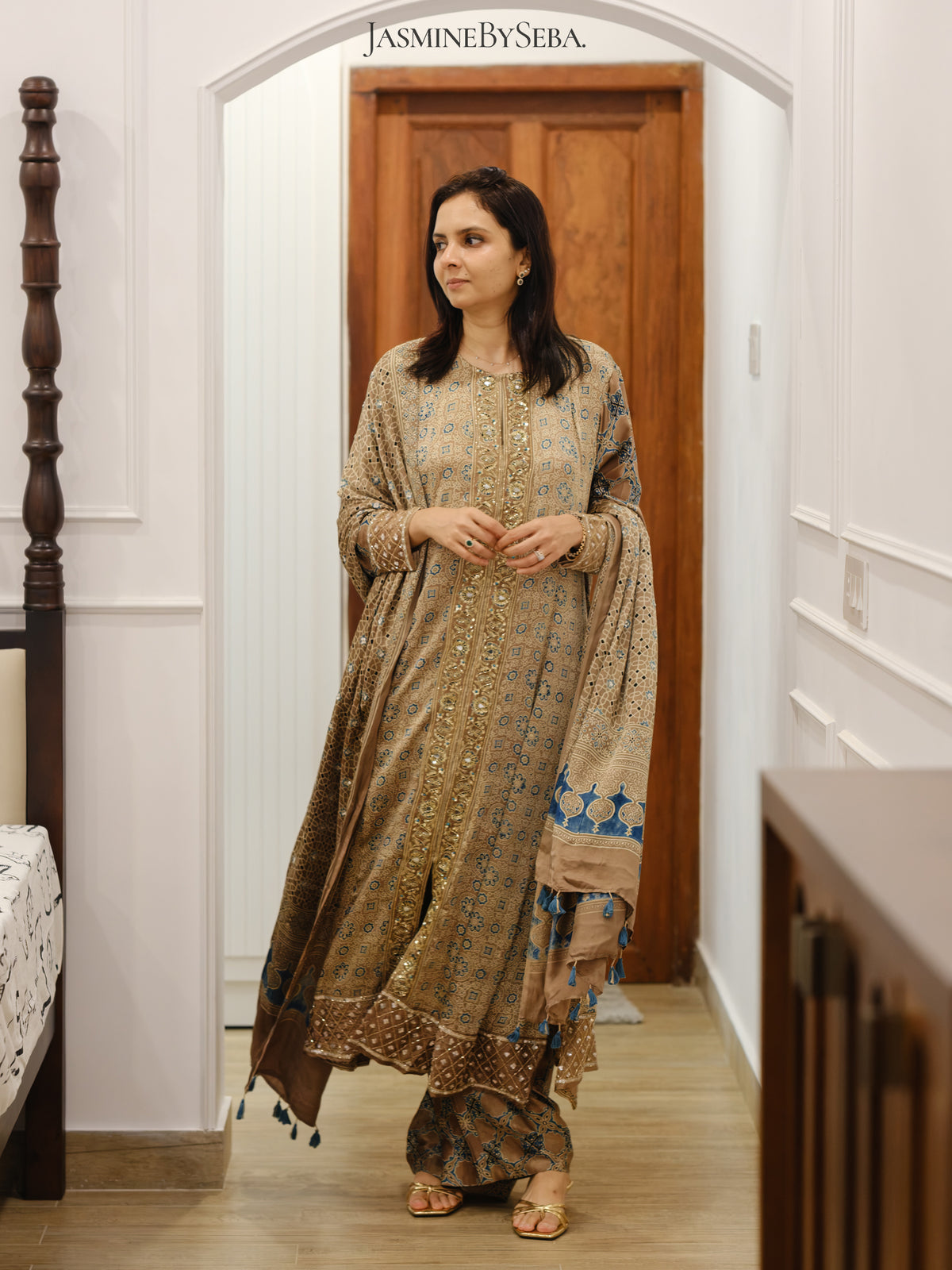 Ajrakh hand dyed hand block printed modal silk panel cut salwar set with cut bead handwork