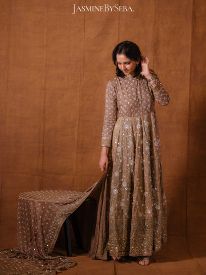 Custom made Ajrakh handcrafted handloom Tusshar silk bridal anarkali set with pure handloom gajji silk dupatta detailed out with hand embroidry