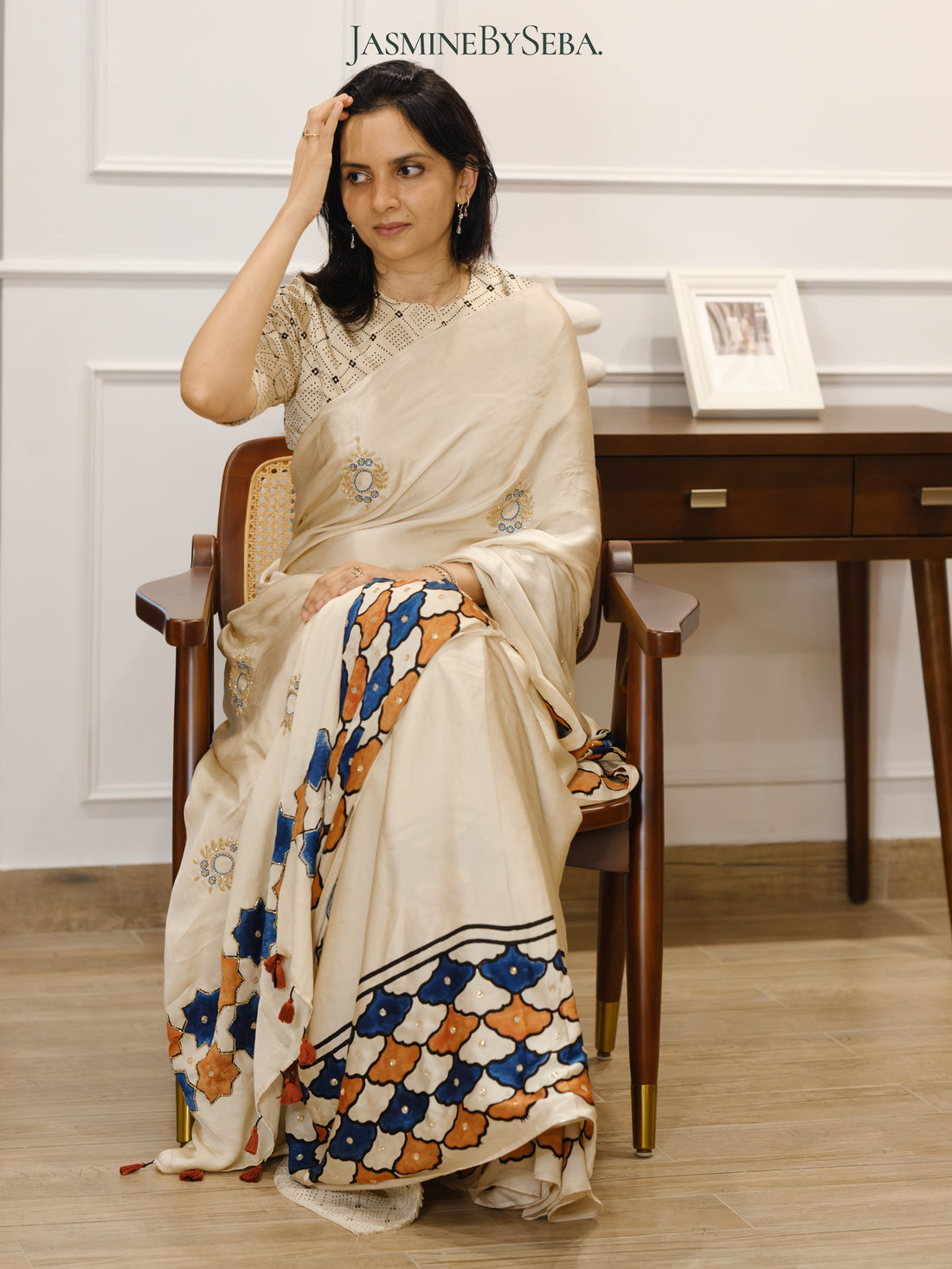 Bespoke ‘Jasmine’ hand printed 
Ajrakh pure modal silk hand dyed, hand block printed and handworked saree