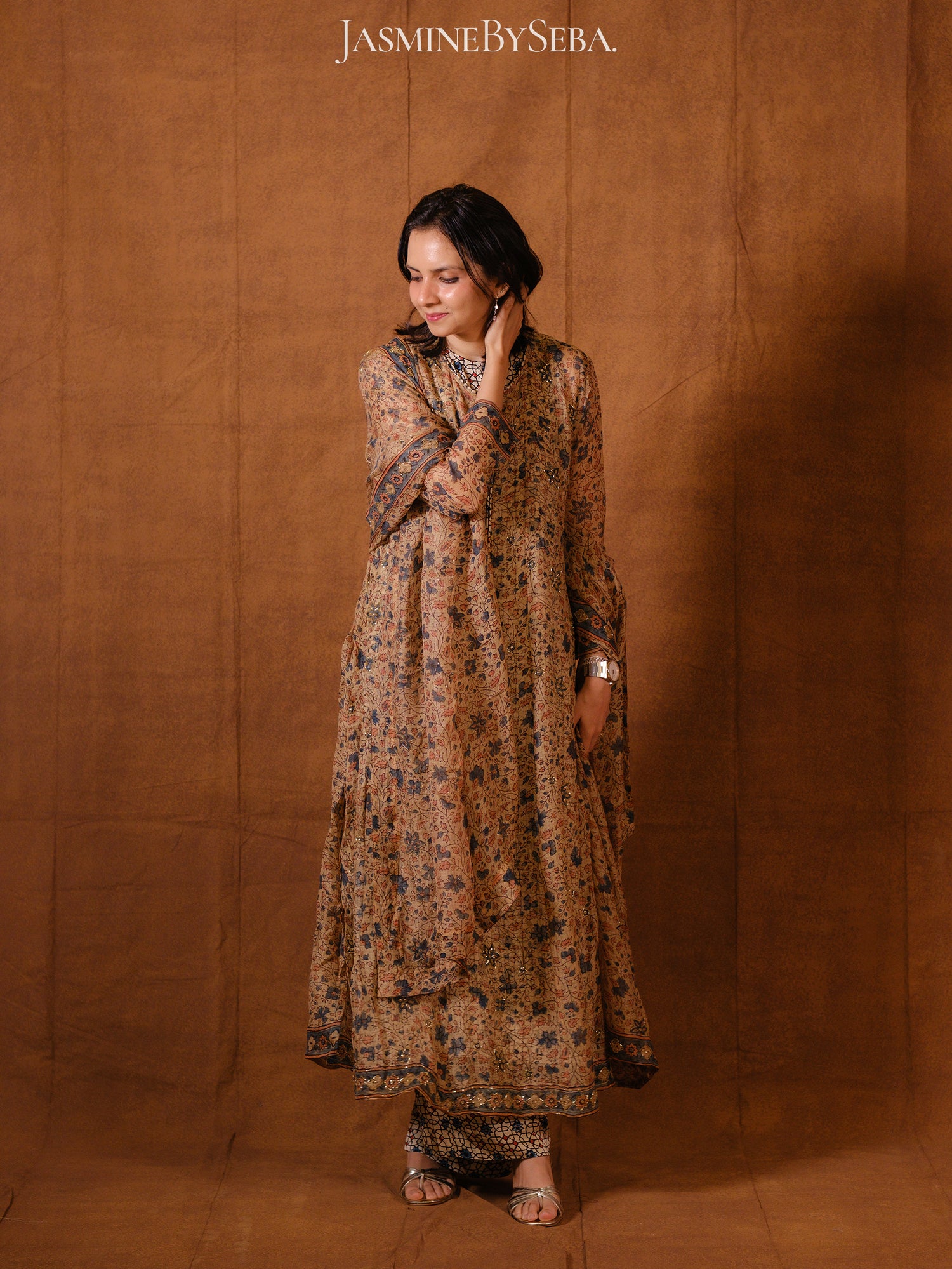 Ajrakh hand dyed hand block printed kota silk jacket set with cut bead handwork